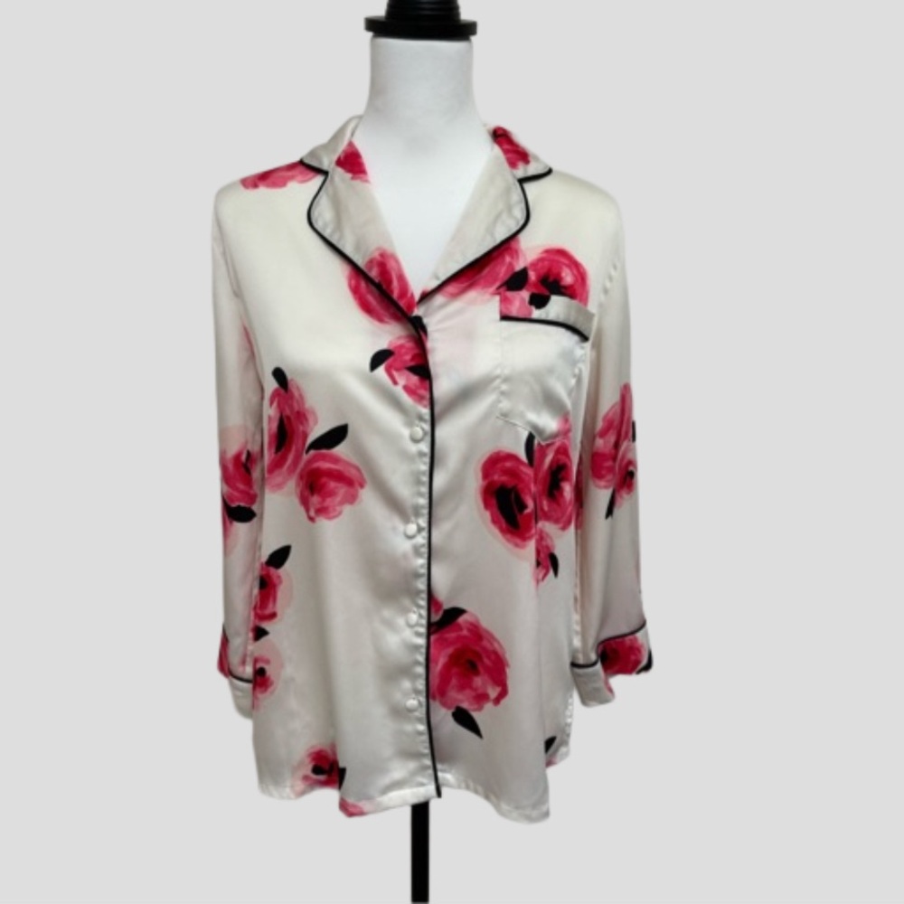 Kate Spade satin pajama top small S long sleeve off white red pink roses